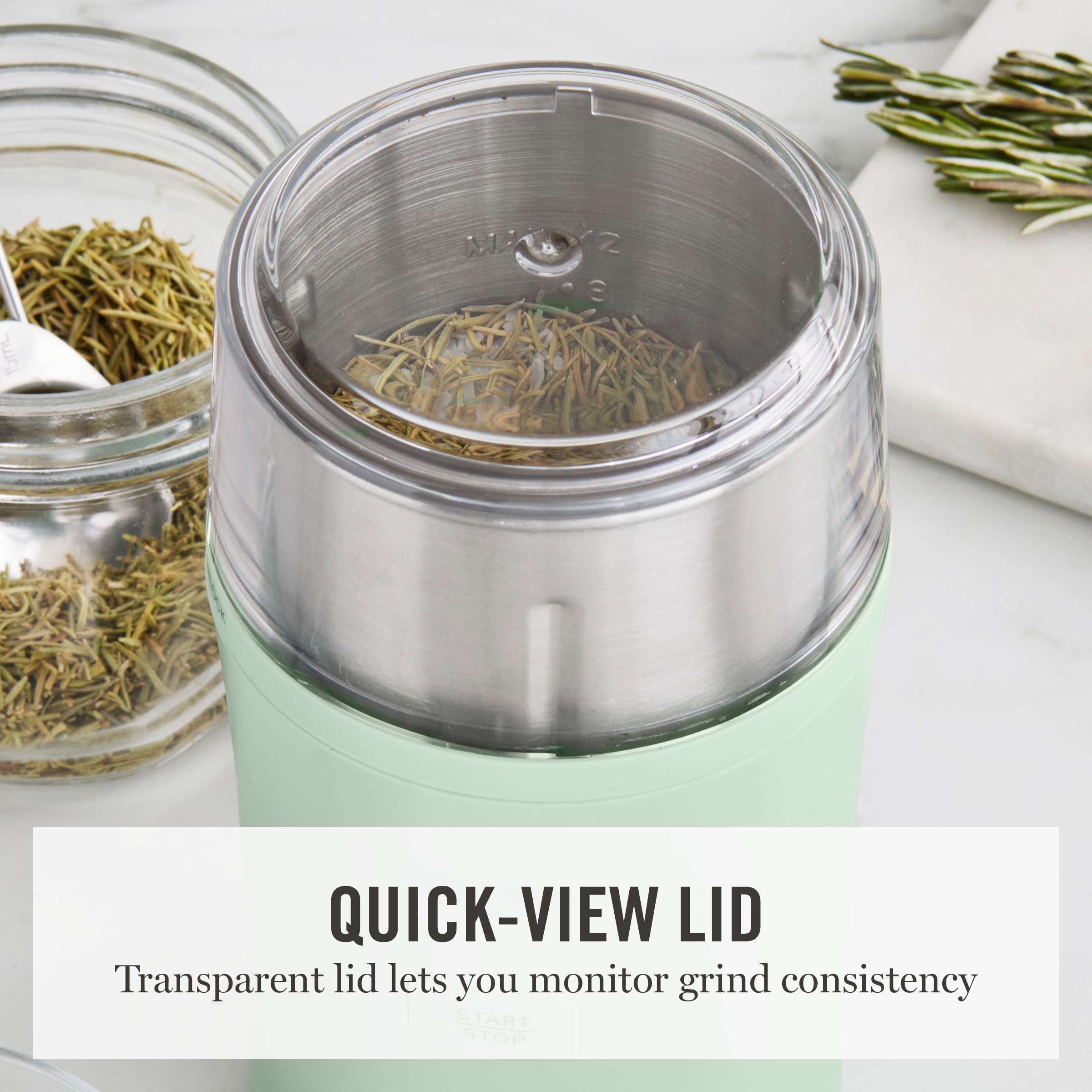 Martha Stewart Electric Coffee & Spice Grinder, Dual 2.5oz Removable Bowls, Storage Lids, Stainless Steel Blades, One Touch Pulse Control, 2-in-1 Compact, Beans & Spices, Herbs & Nuts, Honeydew Green
