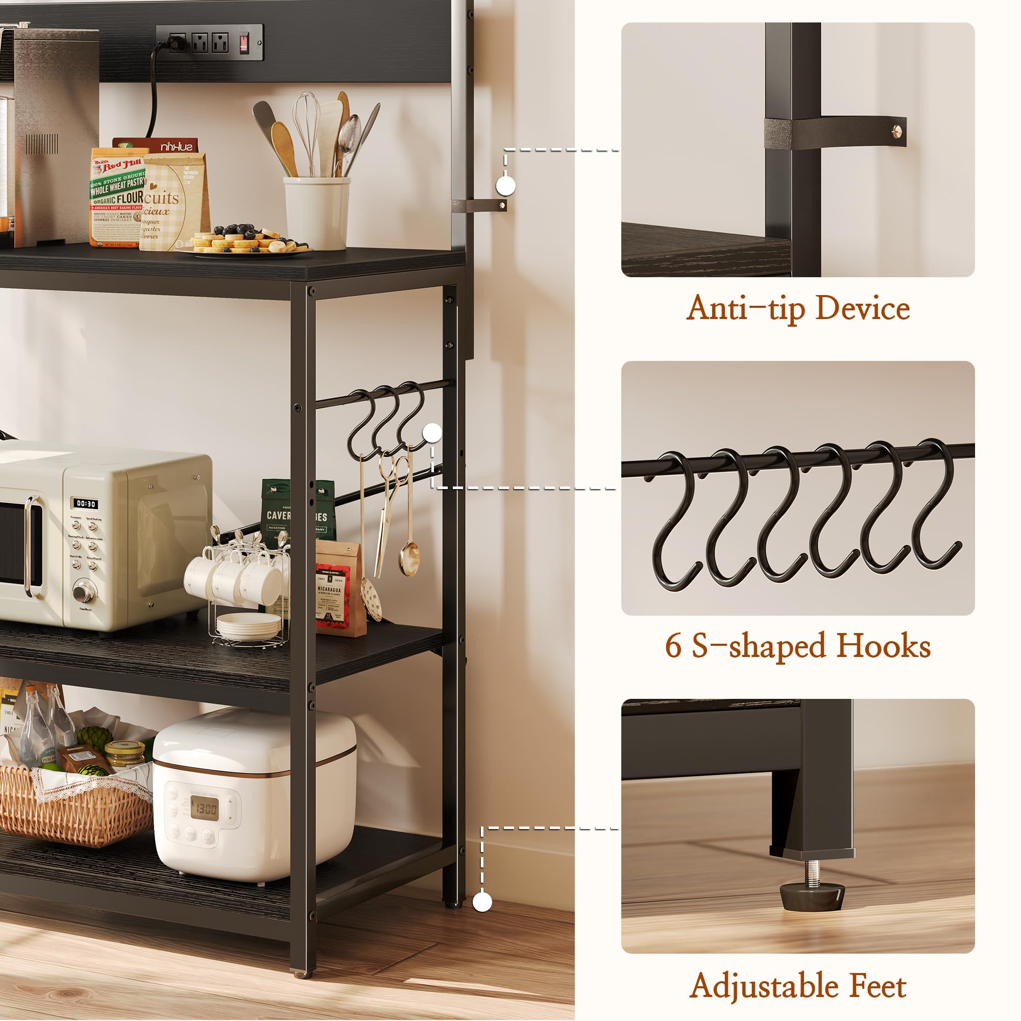 SUPERJARE Kitchen Bakers Rack with Power Outlet, Coffee Bar Table 4 Tiers, Kitchen Microwave Stand with 6 S-shaped Hooks, Storage Shelf Rack for Spices, Pots and Pans - Rustic Brown