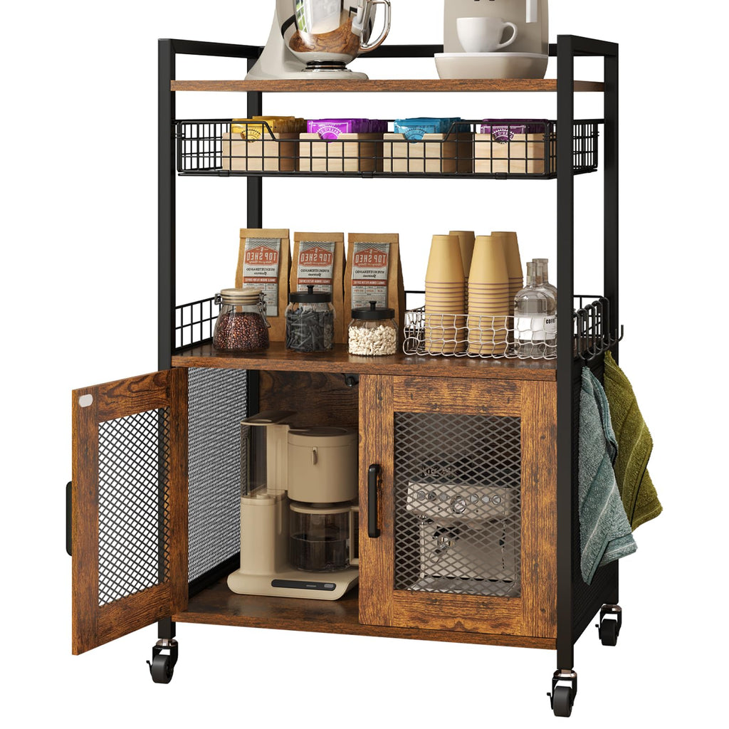 Hencawima Coffee Bar Cabinet, 3 Tier Coffee Station Table on Wheels, 35.9" H Bar Cart with Wire Basket Drawer & 5 Hooks for Home Kitchen, Liquor Buffet Sideboard Cabinet (Rustic Brown)