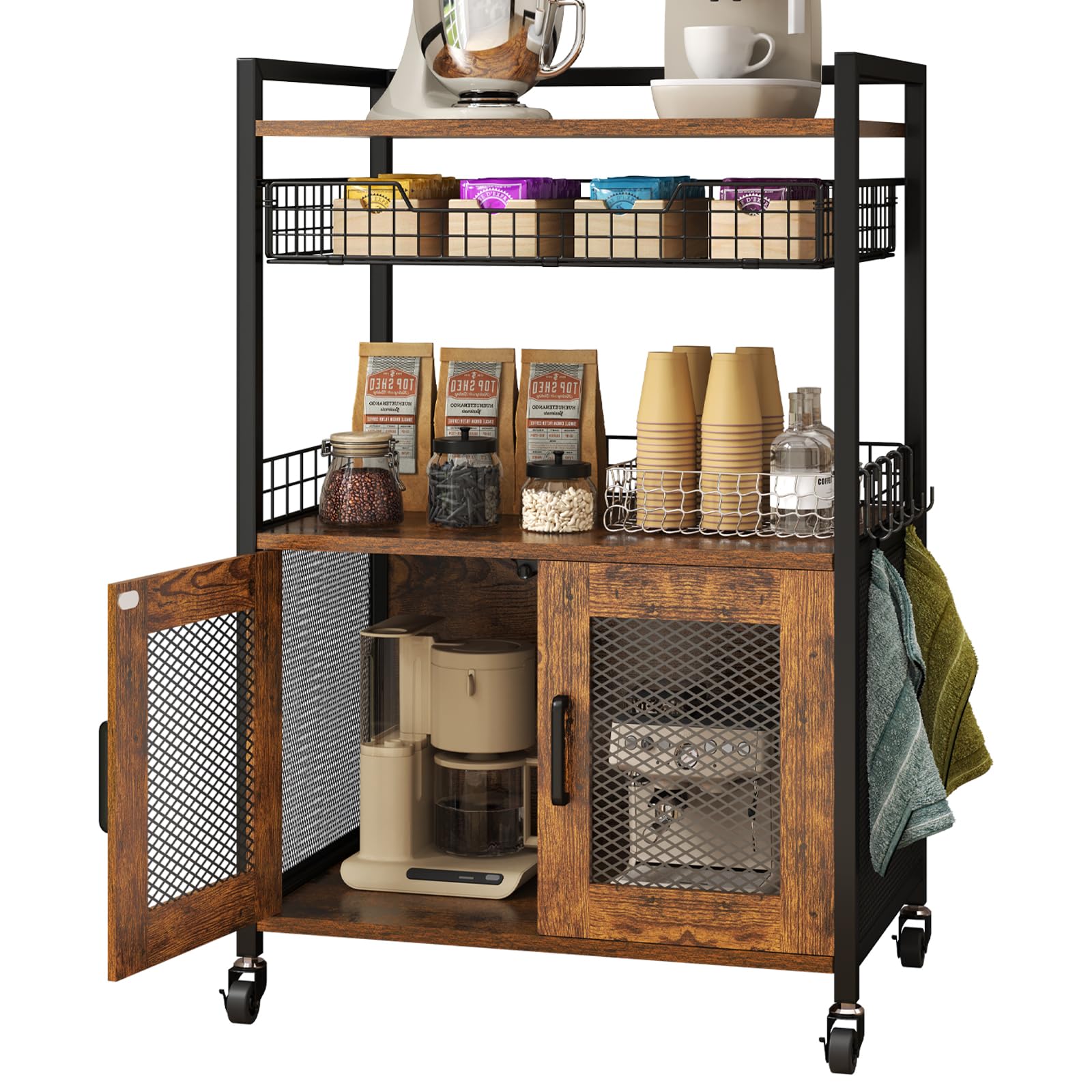 Hencawima Coffee Bar Cabinet, 3 Tier Coffee Station Table on Wheels, 35.9" H Bar Cart with Wire Basket Drawer & 5 Hooks for Home Kitchen, Liquor Buffet Sideboard Cabinet (Rustic Brown)