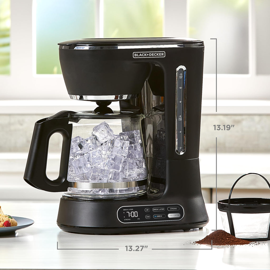 BLACK+DECKER 12-Cup Digital Coffee Maker, Programmable, Washable Basket Filter, Sneak-A-Cup, Auto Brew, Water Window, Keep Hot Plate, Black