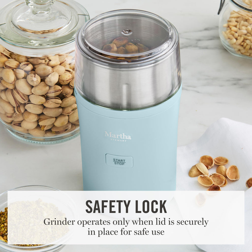 Martha Stewart Electric Coffee & Spice Grinder, Dual 2.5oz Removable Bowls, Storage Lids, Stainless Steel Blades, One Touch Pulse Control, 2-in-1 Compact, Beans & Spices, Herbs & Nuts, Honeydew Green