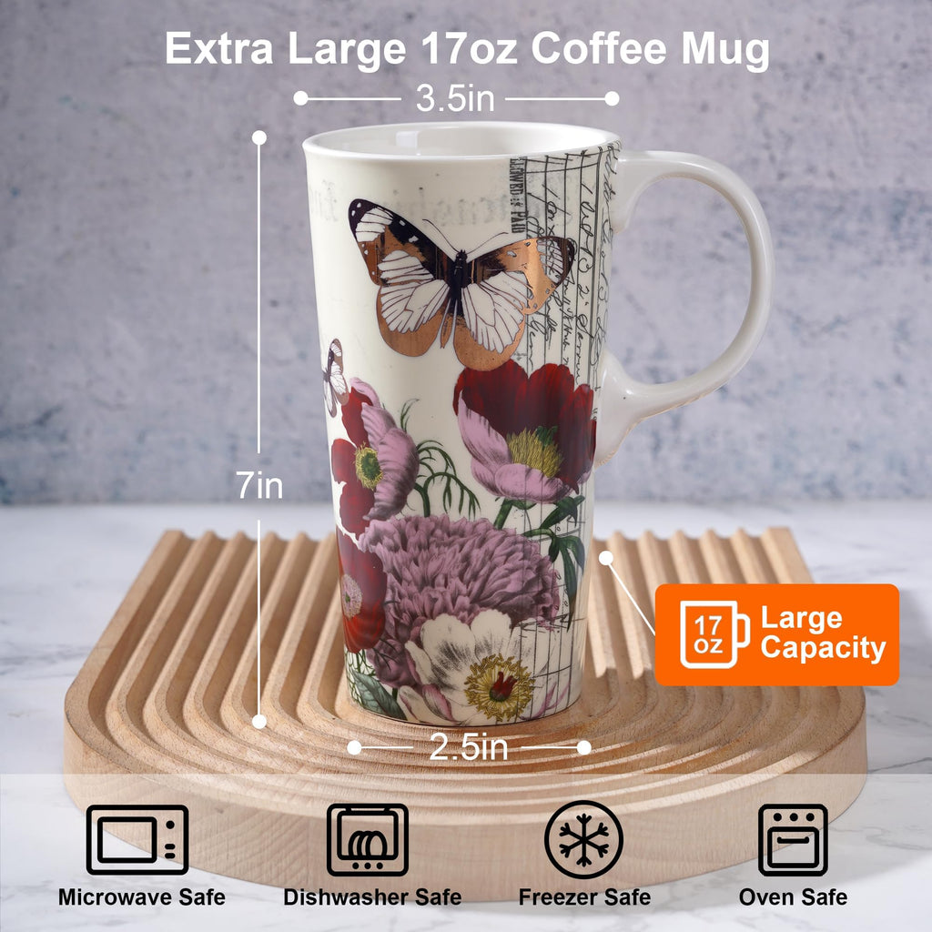 Topadorn 17oz Ceramic Travel Mug with Lid, Tall Ceramic Coffee Mug with Handle, Purple Floral Coffee Cup with Gift Box