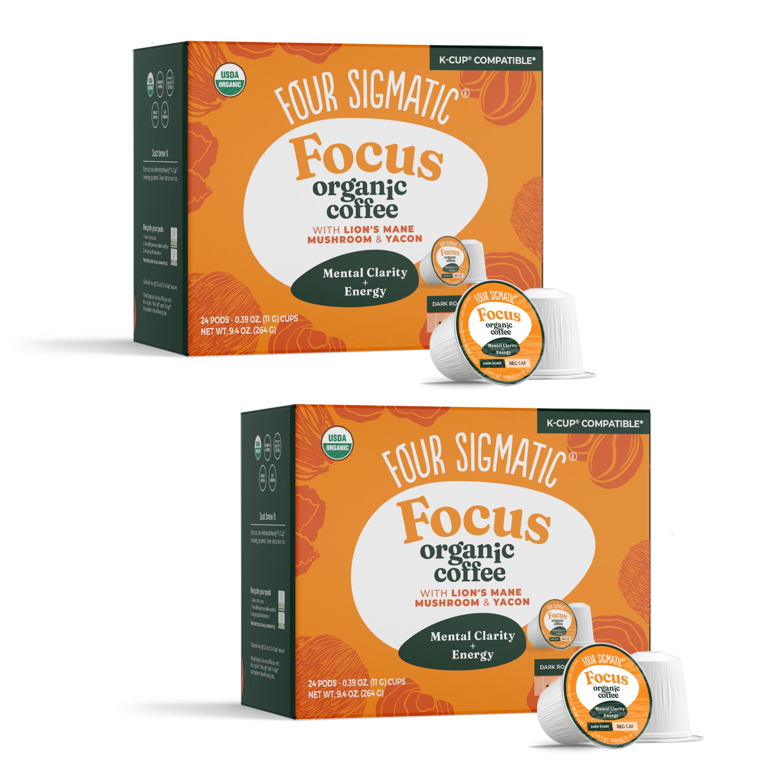 Four Sigmatic Mushroom Coffee K-Cups | Organic Dark Roast Coffee with Lion’s Mane Mushroom Powder & Yacon | Focus & Immune Support | Vegan & Keto | Sustainable Pods | 24 Count
