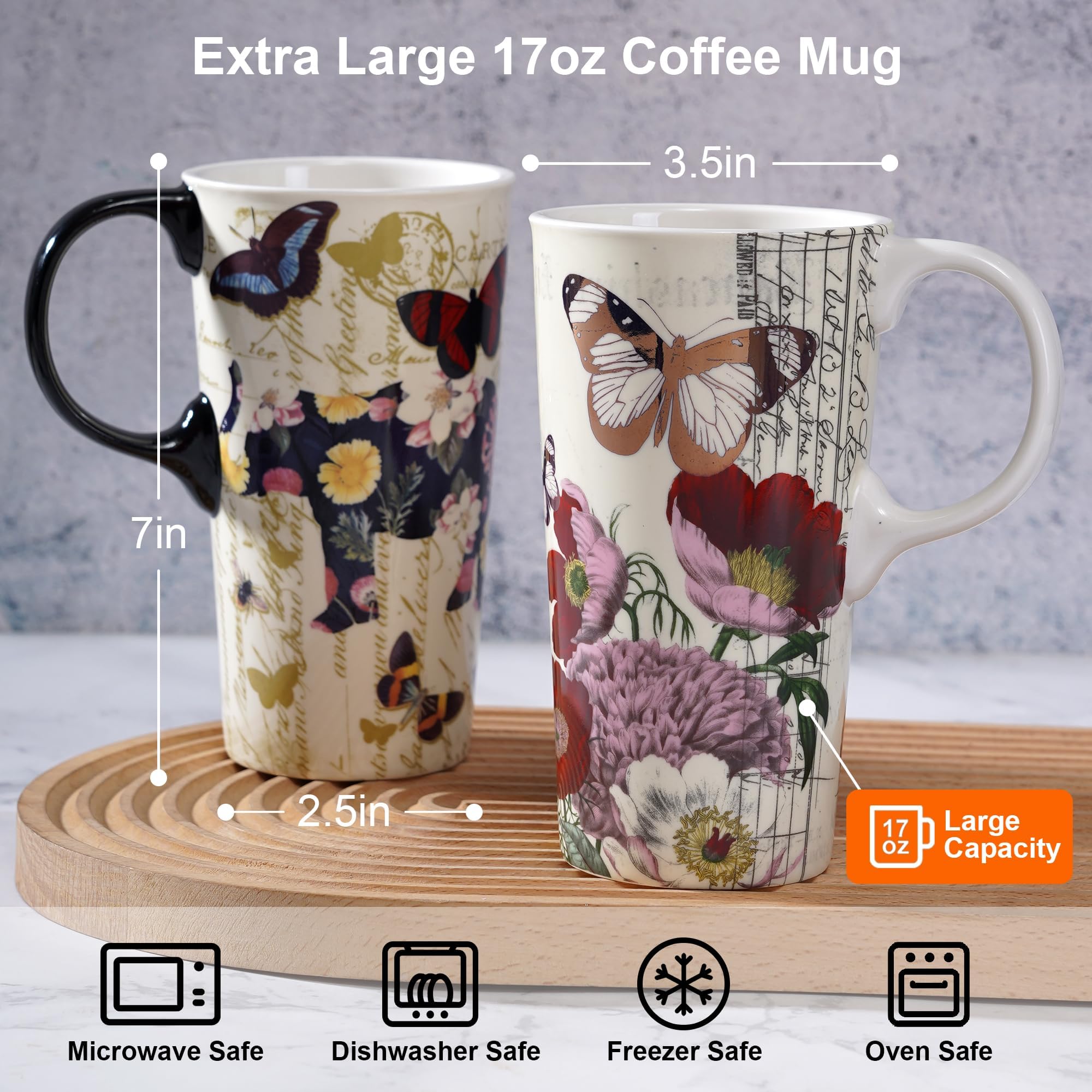 Topadorn 17oz Ceramic Travel Mug with Lid, Tall Ceramic Coffee Mug with Handle, Purple Floral Coffee Cup with Gift Box