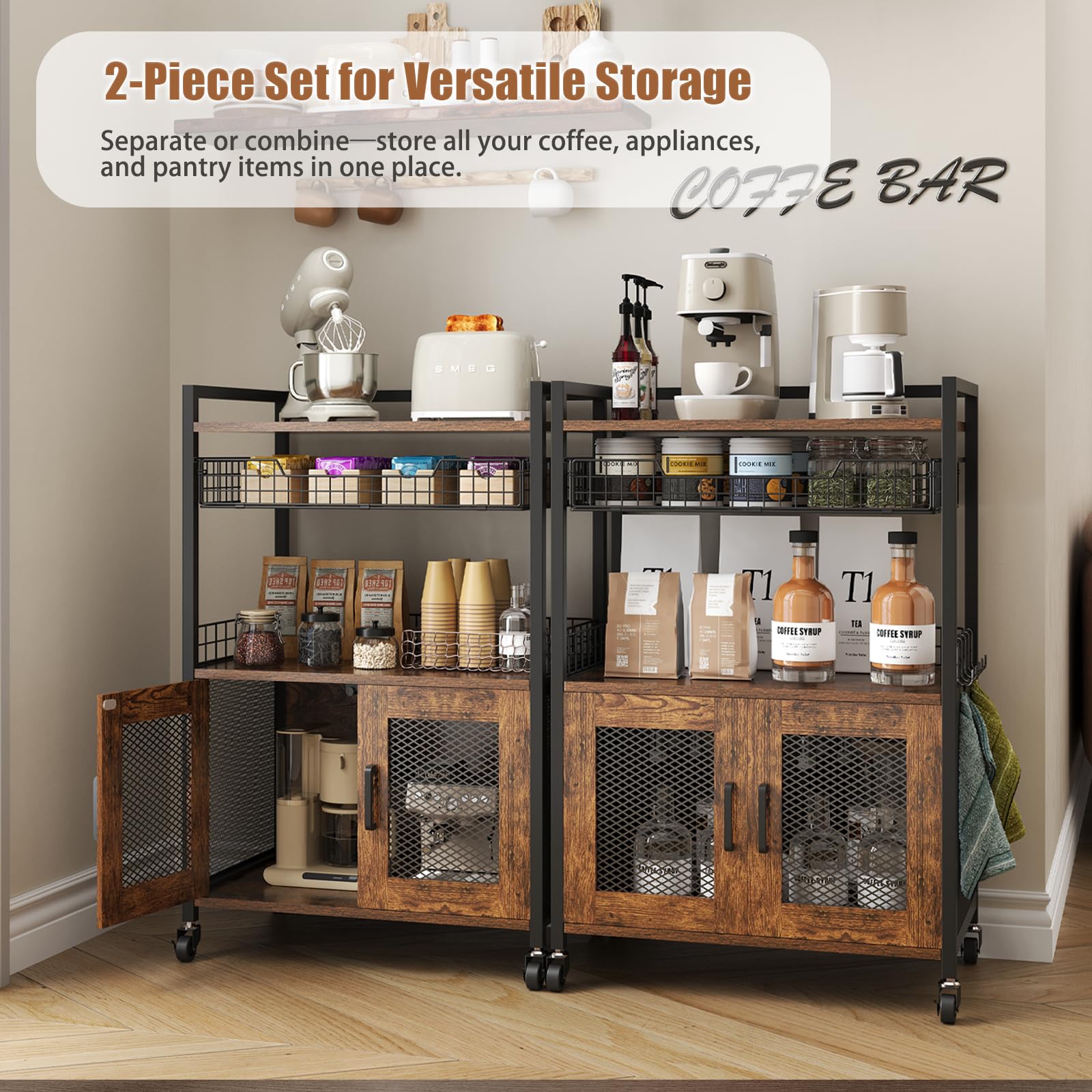 Hencawima Coffee Bar Cabinet, 3 Tier Coffee Station Table on Wheels, 35.9" H Bar Cart with Wire Basket Drawer & 5 Hooks for Home Kitchen, Liquor Buffet Sideboard Cabinet (Rustic Brown)
