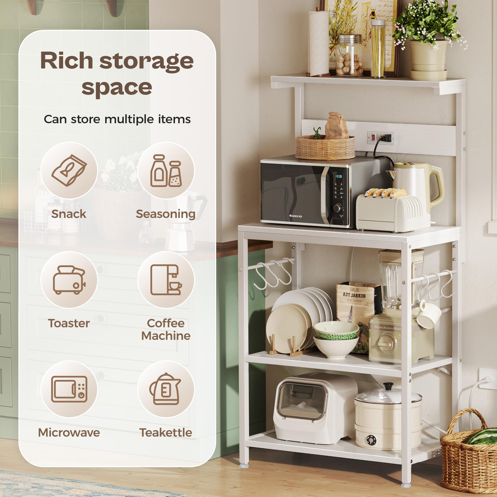 SUPERJARE Kitchen Bakers Rack with Power Outlet, Coffee Bar Table 4 Tiers, Kitchen Microwave Stand with 6 S-shaped Hooks, Storage Shelf Rack for Spices, Pots and Pans - Rustic Brown