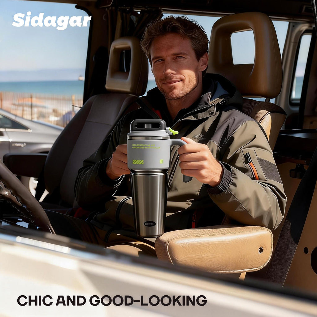32 oz Tumbler with Handle and Straw, Vacuum Insulated Stainless Steel Travel Mug for Men, Gamer Cup with Push-button Lid, Tactical Gaming Setup Accessory, Fits in Cup Holder - Obsidian Black