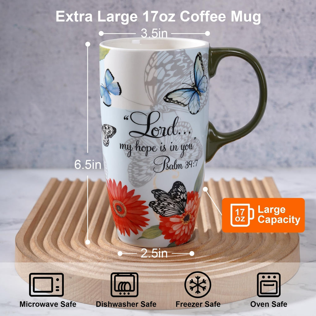 Topadorn 17oz Ceramic Travel Mug with Lid, Tall Ceramic Coffee Mug with Handle, Purple Floral Coffee Cup with Gift Box