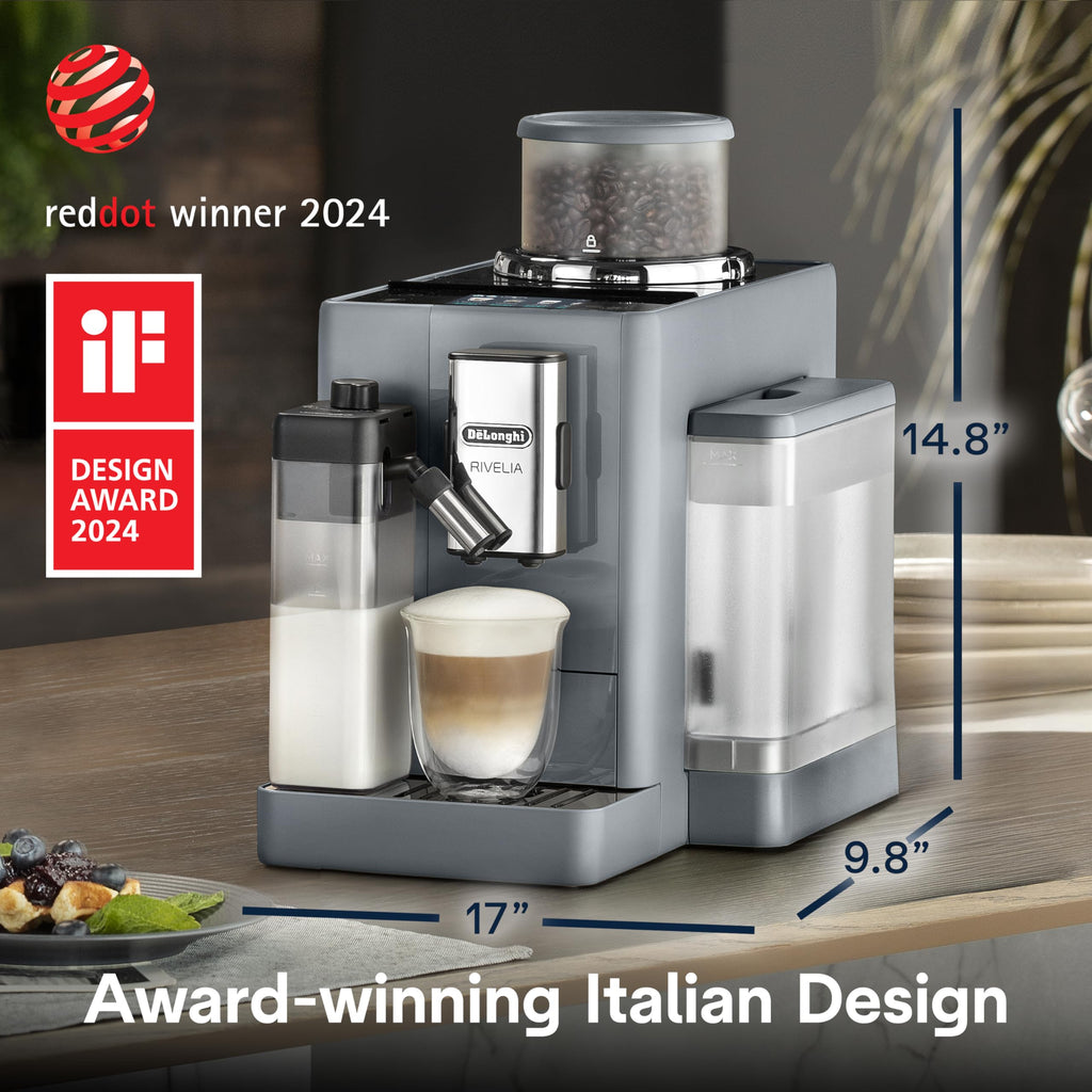 De'Longhi Rivelia Automatic Espresso Machine with Grinder & Milk Frother – All-in-One Coffee Maker, Hot & Iced Latte, Cappuccino, Bean Switch System, Burr Grinder, Compact Italian Design, Black