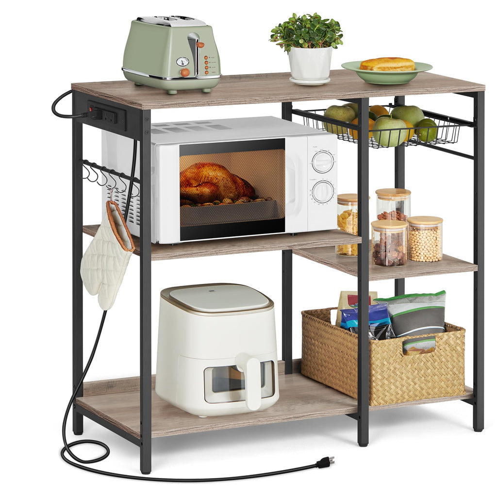 VASAGLE Baker's Rack, Coffee Bar Stand with Charging Station, 35.6 Inches Tall, Storage Shelves, Pull-Out Wire Basket, Table for Microwave, Kitchen, Rustic Brown and Ink Black UKKS036K01