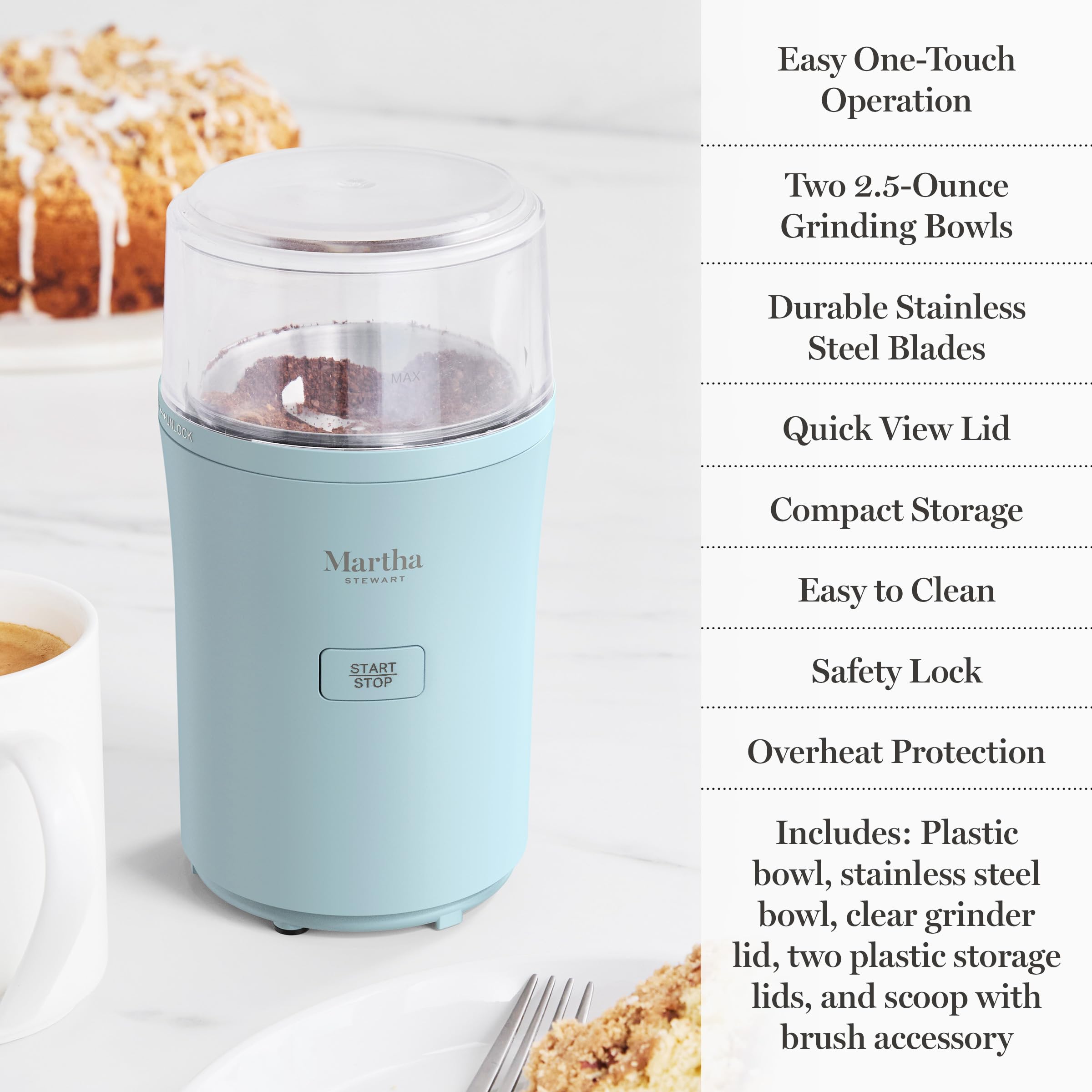 Martha Stewart Electric Coffee & Spice Grinder, Dual 2.5oz Removable Bowls, Storage Lids, Stainless Steel Blades, One Touch Pulse Control, 2-in-1 Compact, Beans & Spices, Herbs & Nuts, Honeydew Green