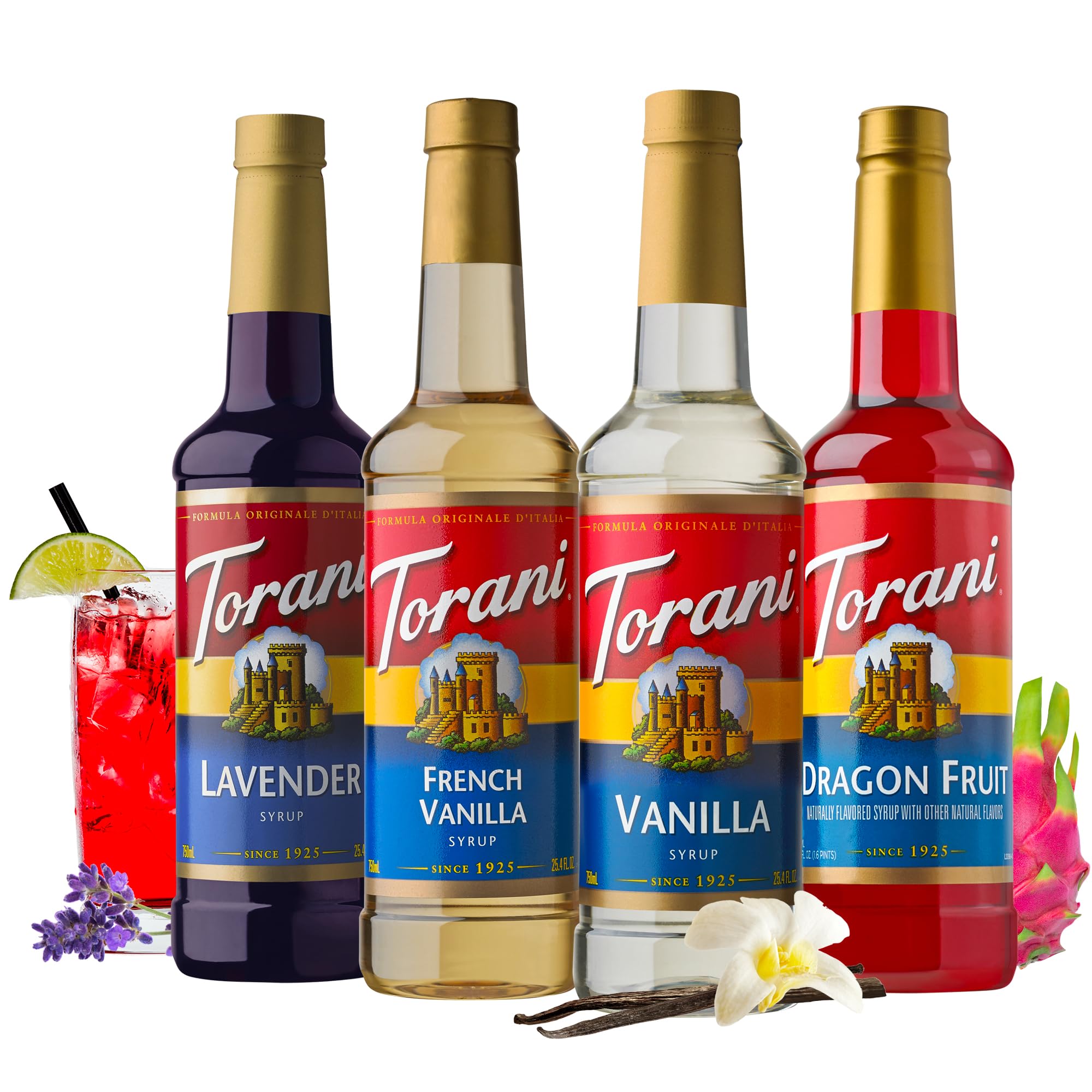 Torani Variety Pack Caramel, French Vanilla, Vanilla & Hazelnut, 25.4 Ounces (Pack of 4)