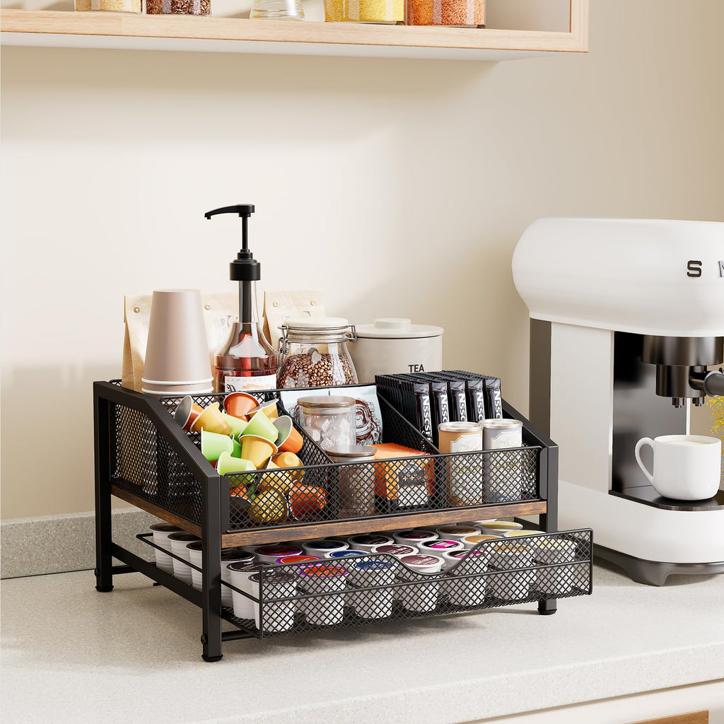Homsorout Coffee Bar Organizer - Coffee Station for Countertop, Metal and Wood K Cup holder Storage Basket for Coffee Pods, Syrup, Cups, Stirrer, Coffee Condiment, Tea Organizer, Black and Brown