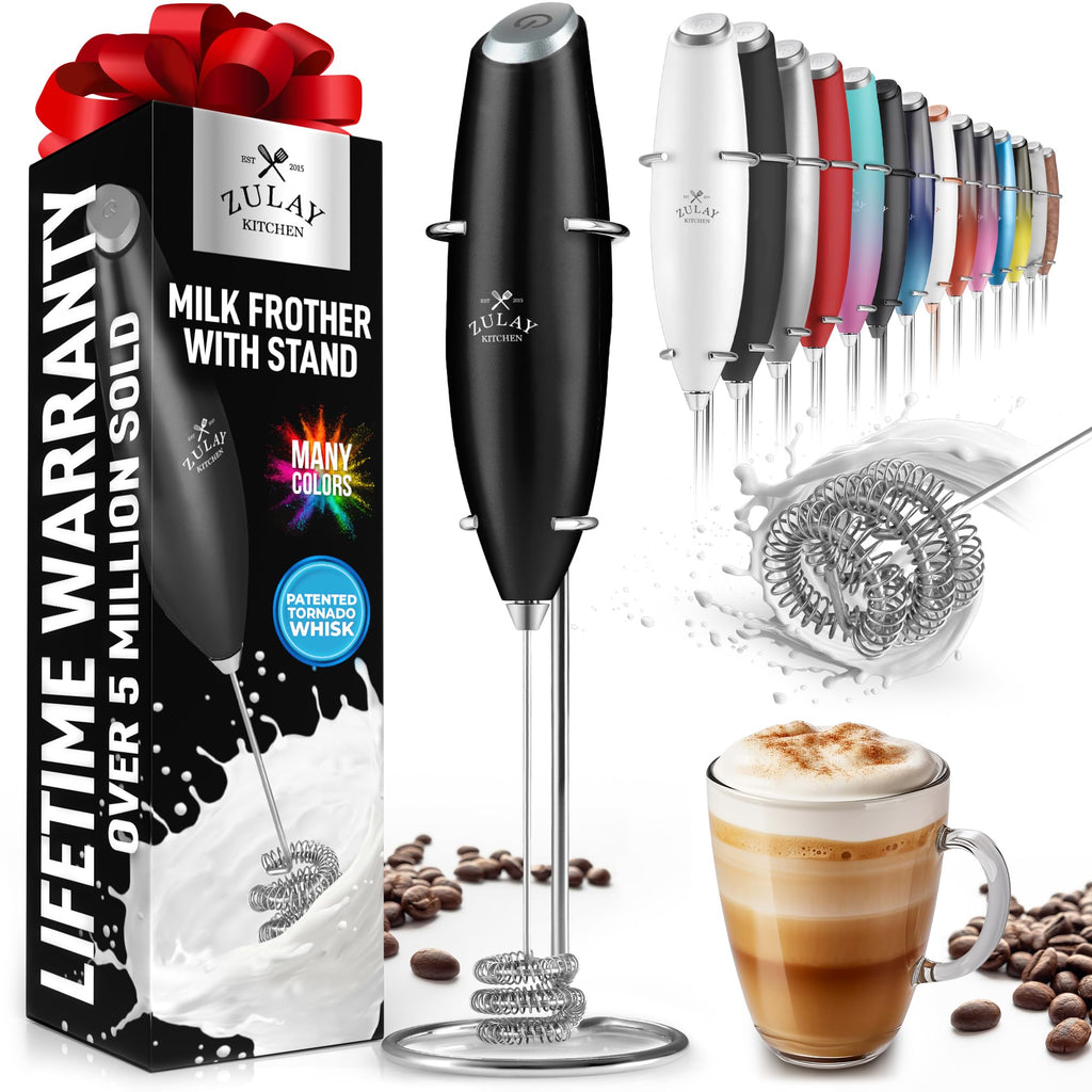 Zulay Kitchen Powerful Milk Frother AA Batteries Included – Ultra Fast Handheld Drink Mixer with Stainless Steel Whisk Stirrer for Coffee, Protein, Matcha & More, Frother Wand Electric Frothmate Black