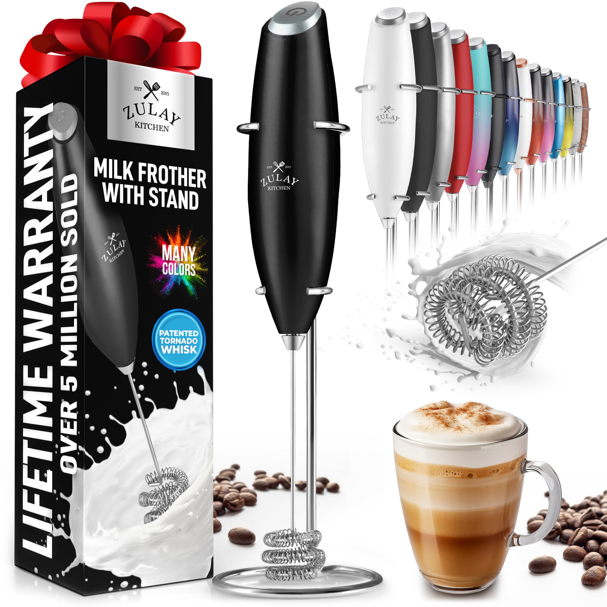 Zulay Kitchen Powerful Milk Frother AA Batteries Included – Ultra Fast Handheld Drink Mixer with Stainless Steel Whisk Stirrer for Coffee, Protein, Matcha & More, Frother Wand Electric Frothmate Black