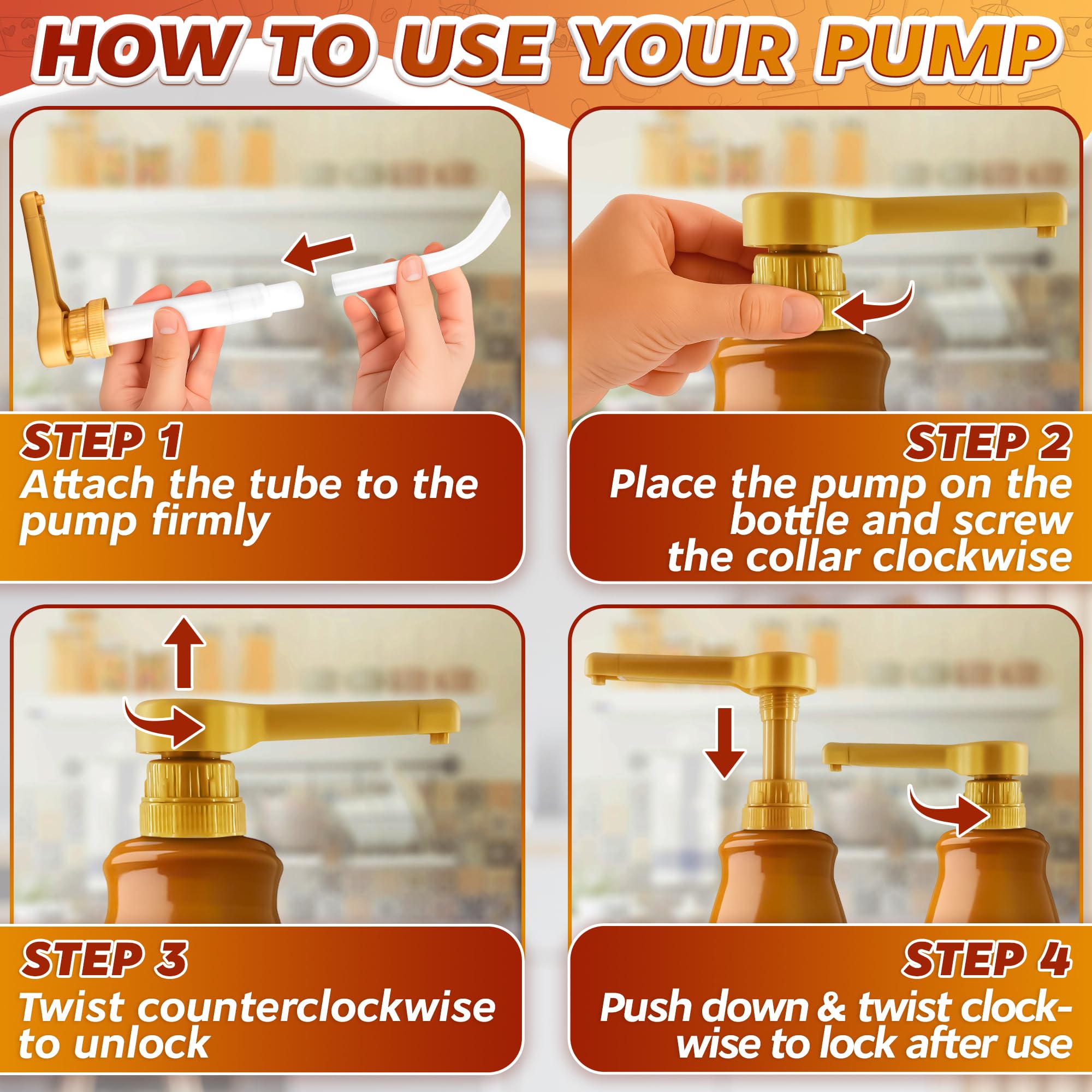 4 Pcs Coffee Syrup Pump Dispenser - Works as Skinny and Torani Syrup Pump - Fits Various 25.4 oz Bottles, Precise Dispensing 0.3oz & Lockable Design, Easy to Use & Clean, Ideal for Liquids