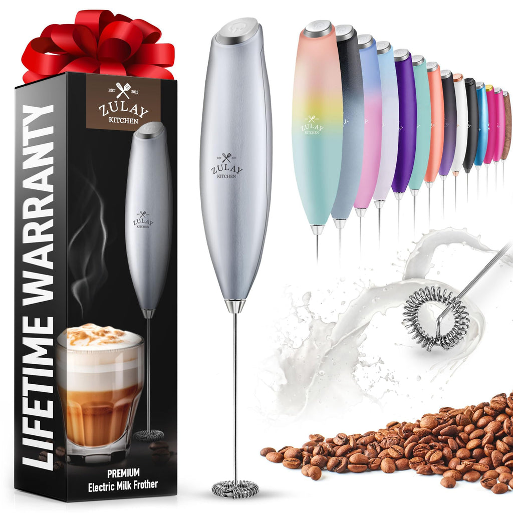 Zulay Kitchen Powerful Milk Frother AA Batteries Included – Ultra Fast Handheld Drink Mixer with Stainless Steel Whisk Stirrer for Coffee, Protein, Matcha & More, Frother Wand Electric Frothmate Black