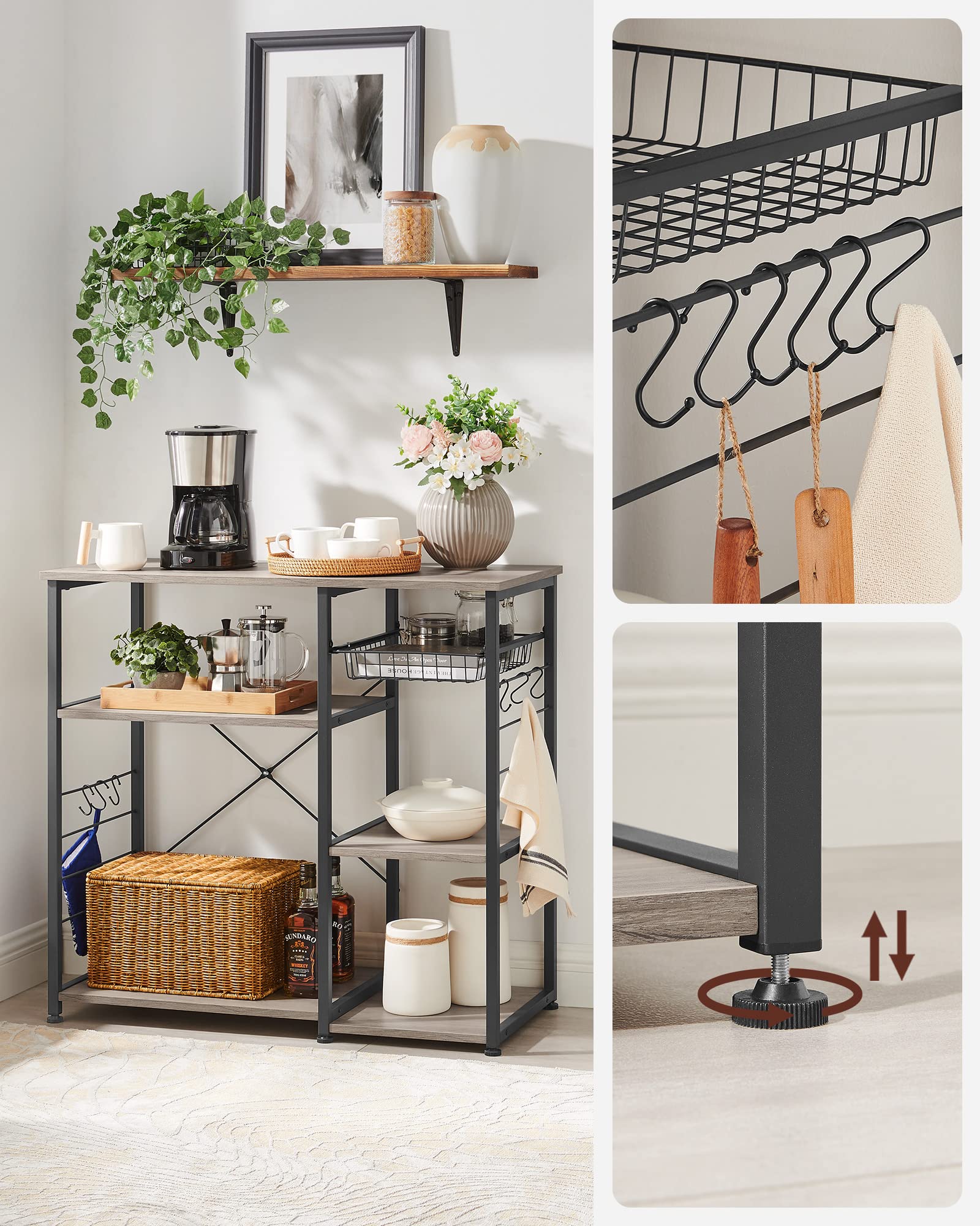 VASAGLE Baker's Rack, Coffee Bar Stand with Charging Station, 35.6 Inches Tall, Storage Shelves, Pull-Out Wire Basket, Table for Microwave, Kitchen, Rustic Brown and Ink Black UKKS036K01