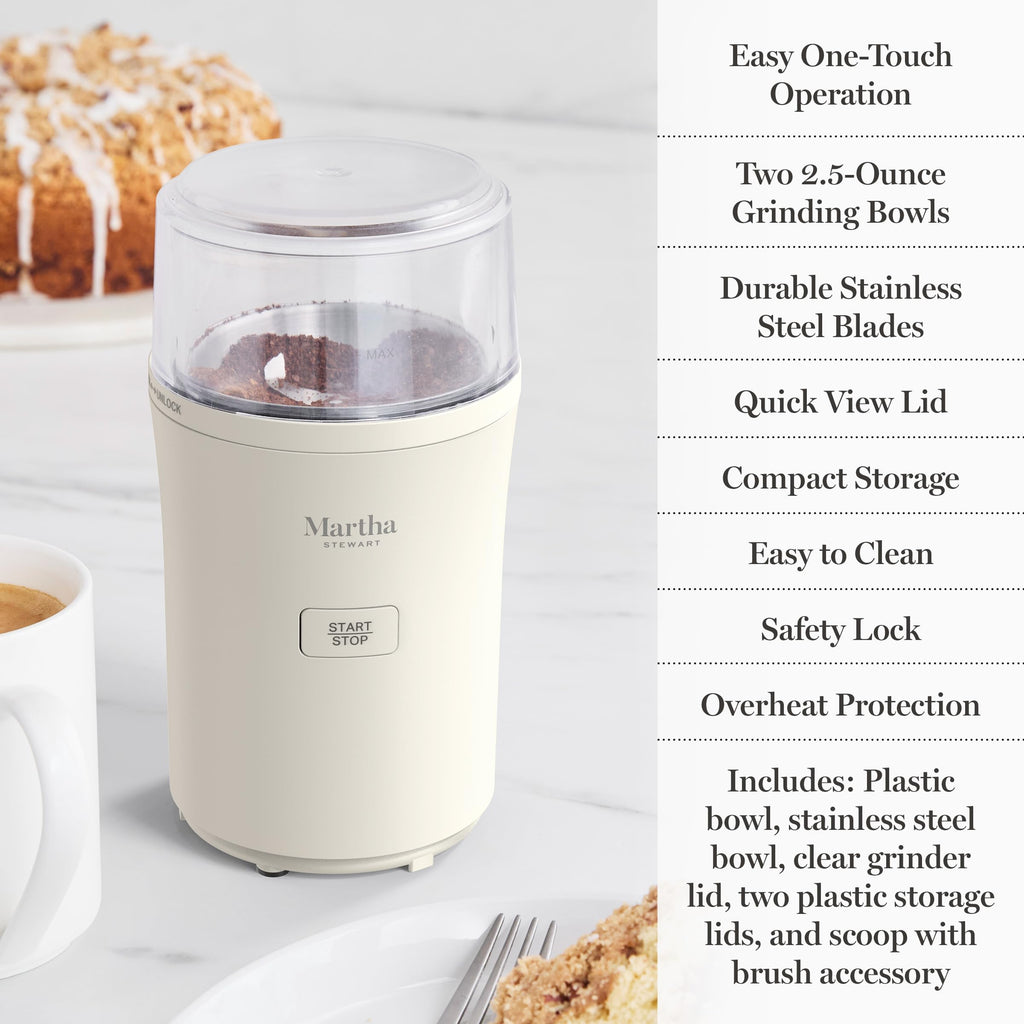 Martha Stewart Electric Coffee & Spice Grinder, Dual 2.5oz Removable Bowls, Storage Lids, Stainless Steel Blades, One Touch Pulse Control, 2-in-1 Compact, Beans & Spices, Herbs & Nuts, Honeydew Green