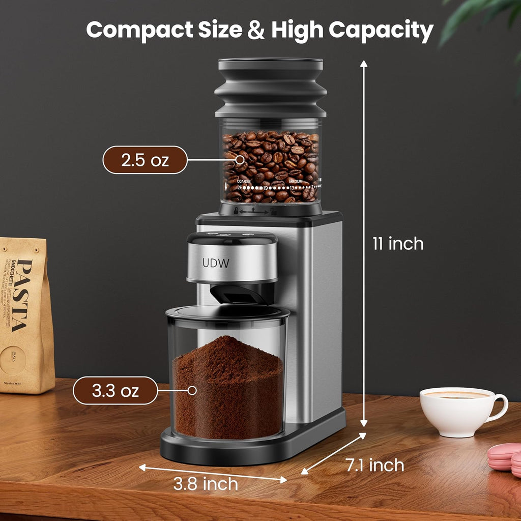 Home Coffee Grinder, Conical Burr Grinder with 25 Settings, 60-Second Timer, Stainless Steel, Anti-Slip Base, Anti-Static, Easy to Clean