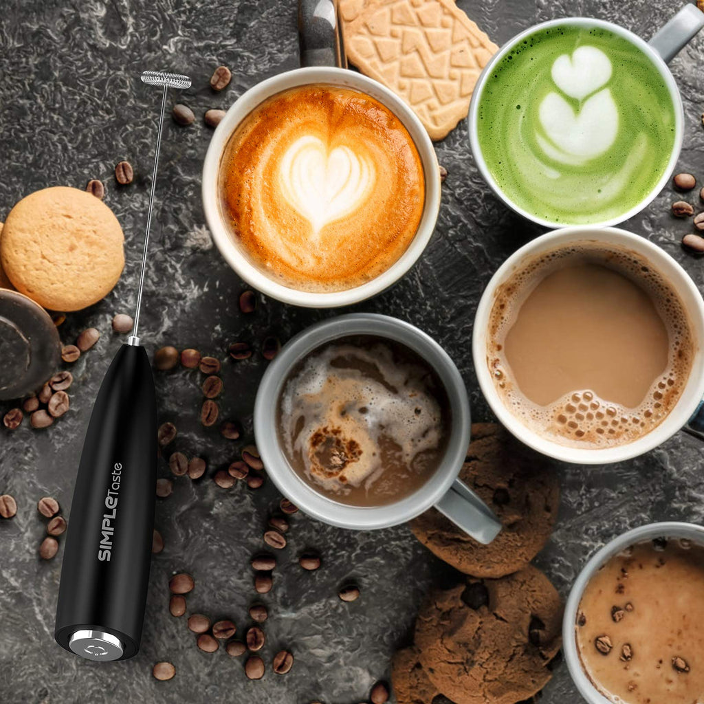 SIMPLETASTE Milk Frother Handheld Electric Foam Maker, Drink Mixer with Stainless Steel Whisk for Cappuccino, Bulletproof Coffee, Latte, Gray, with Stand, Battery Operated