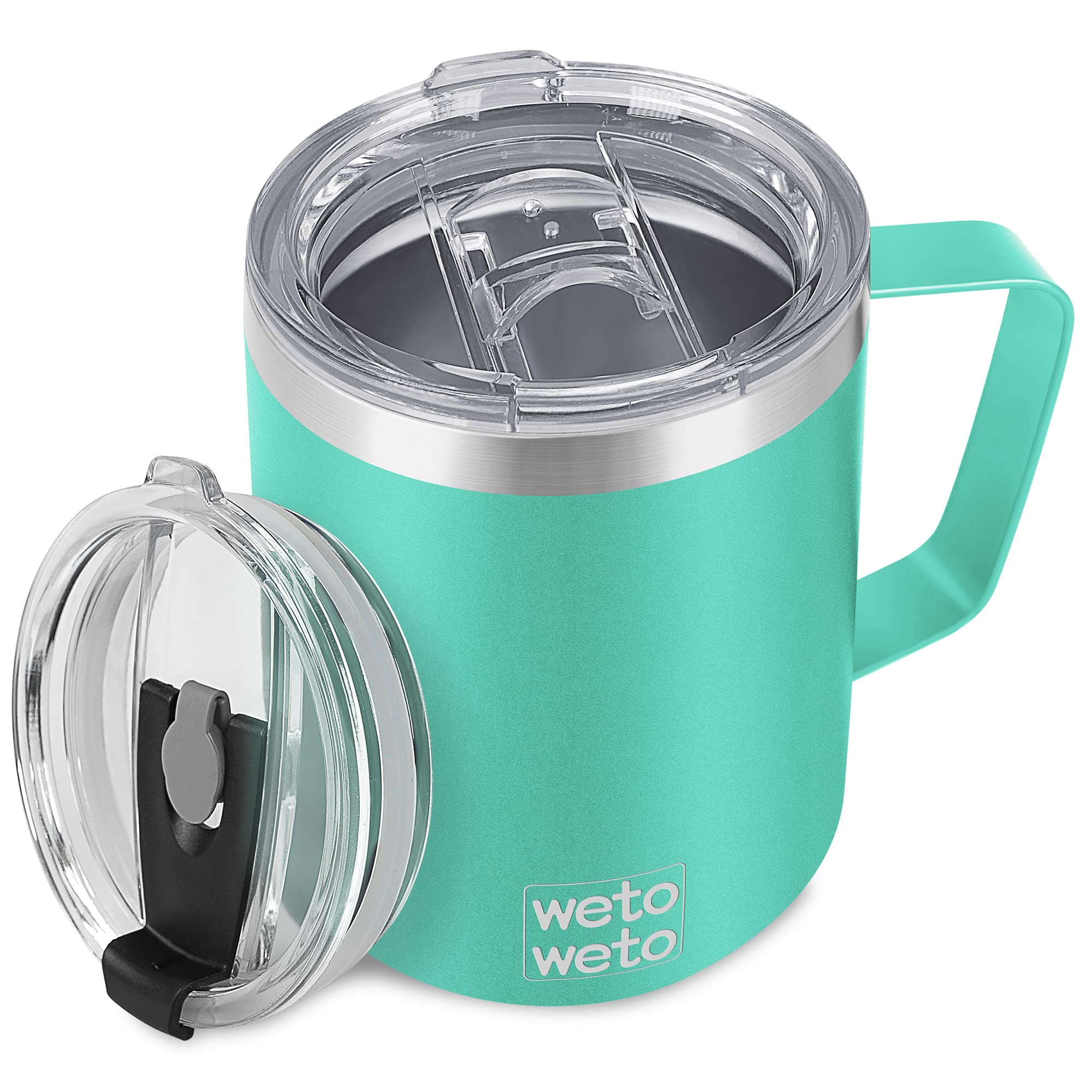 WETOWETO Coffee Mug with Handle, 14oz Insulated Stainless Steel Coffee Travel Mug, Double Wall Vacuum Reusable Coffee Cup with Lid, Powder Coated Rose Gold
