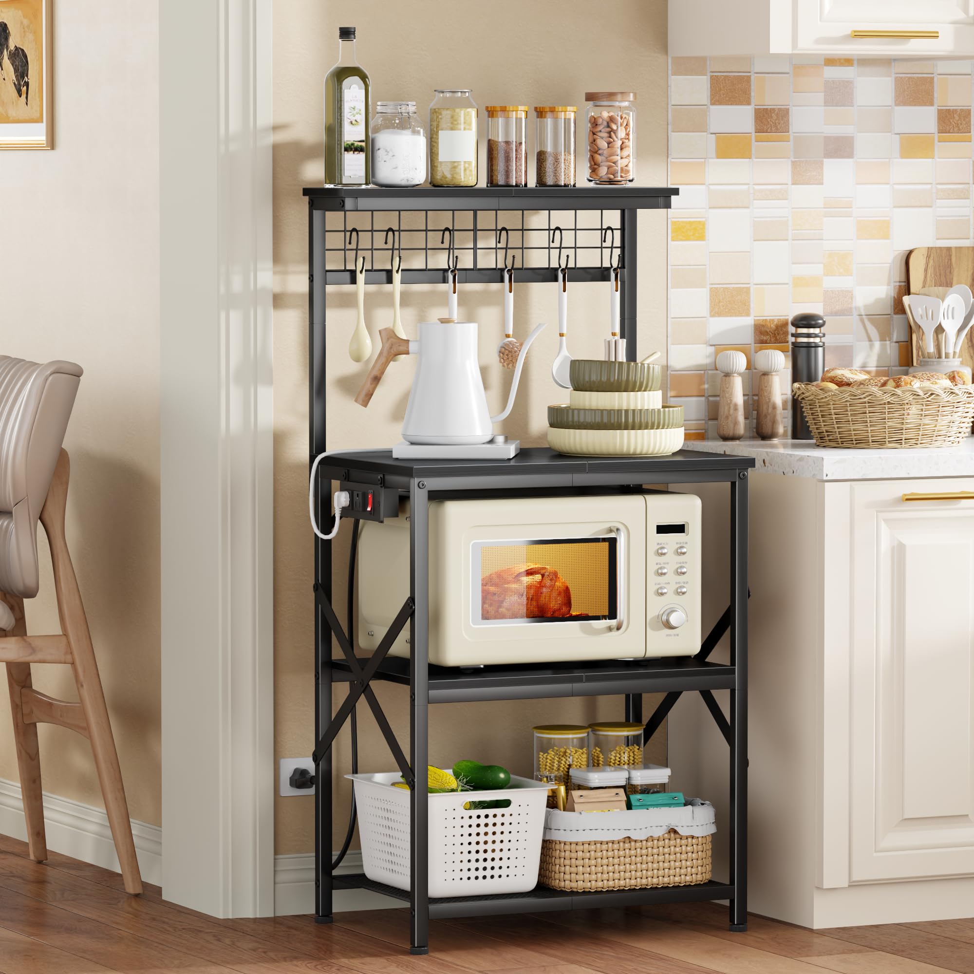 Furologee Kitchen Bakers Rack with Power Outlet, Microwave Oven Stand with Storage 4 Tiers, Coffee Bar Table with 6 S Hooks, Kitchen Storage Shelf Rack for Spices, Pots, Rustic Brown