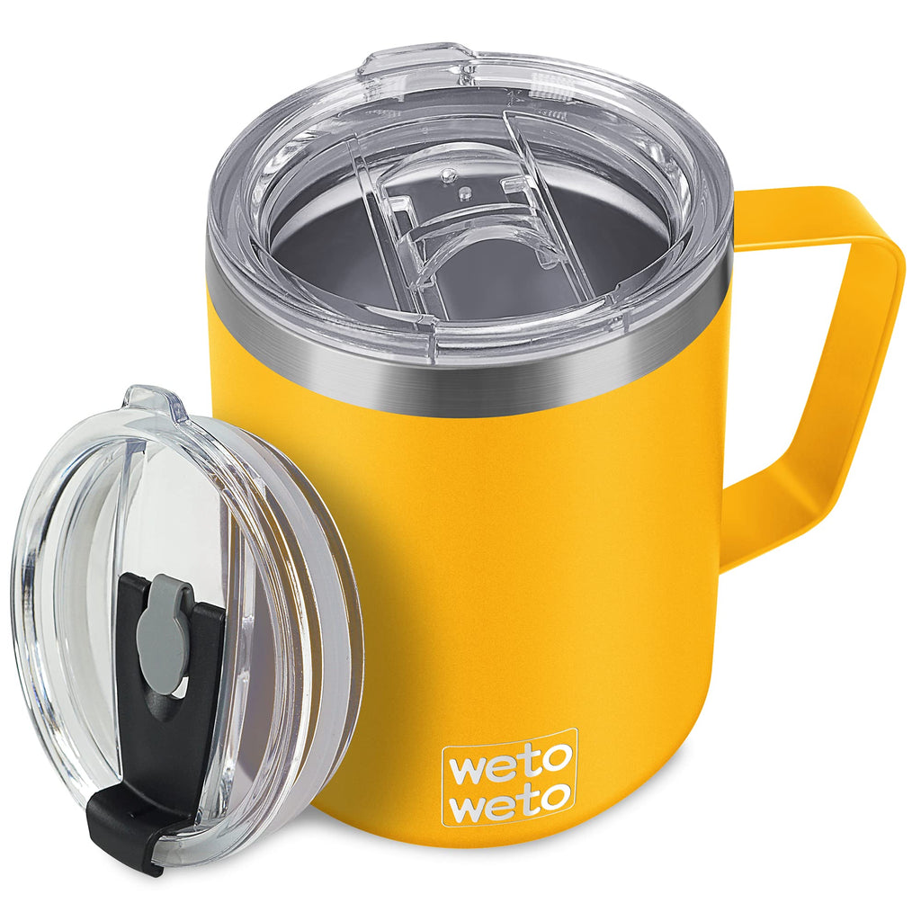 WETOWETO Coffee Mug with Handle, 14oz Insulated Stainless Steel Coffee Travel Mug, Double Wall Vacuum Reusable Coffee Cup with Lid, Powder Coated Rose Gold