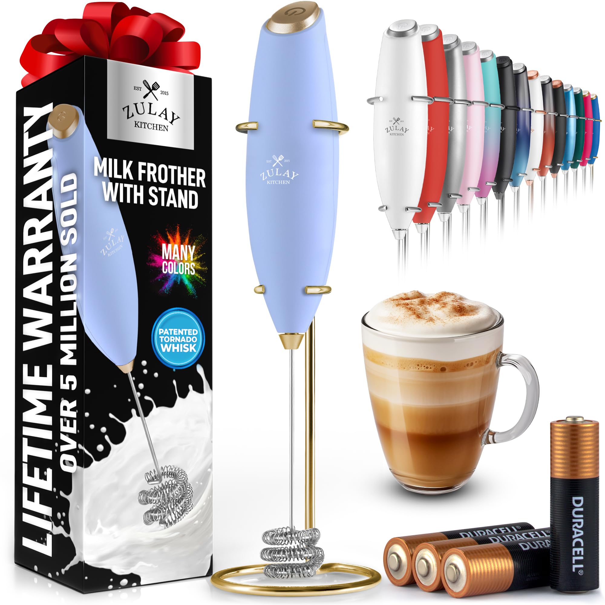 Zulay Kitchen Rechargeable Milk Frother Handheld - Frother Wand, Drink Mixer, Electric Whisk Frother, for Cappuccinos, Matcha & Protein Powder - Lux 4 Whisk 2 Speed Waterproof 2000mAh Alpha Black
