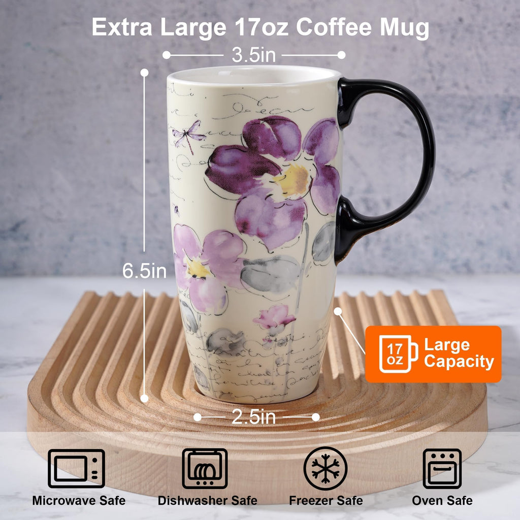 Topadorn 17oz Ceramic Travel Mug with Lid, Tall Ceramic Coffee Mug with Handle, Purple Floral Coffee Cup with Gift Box