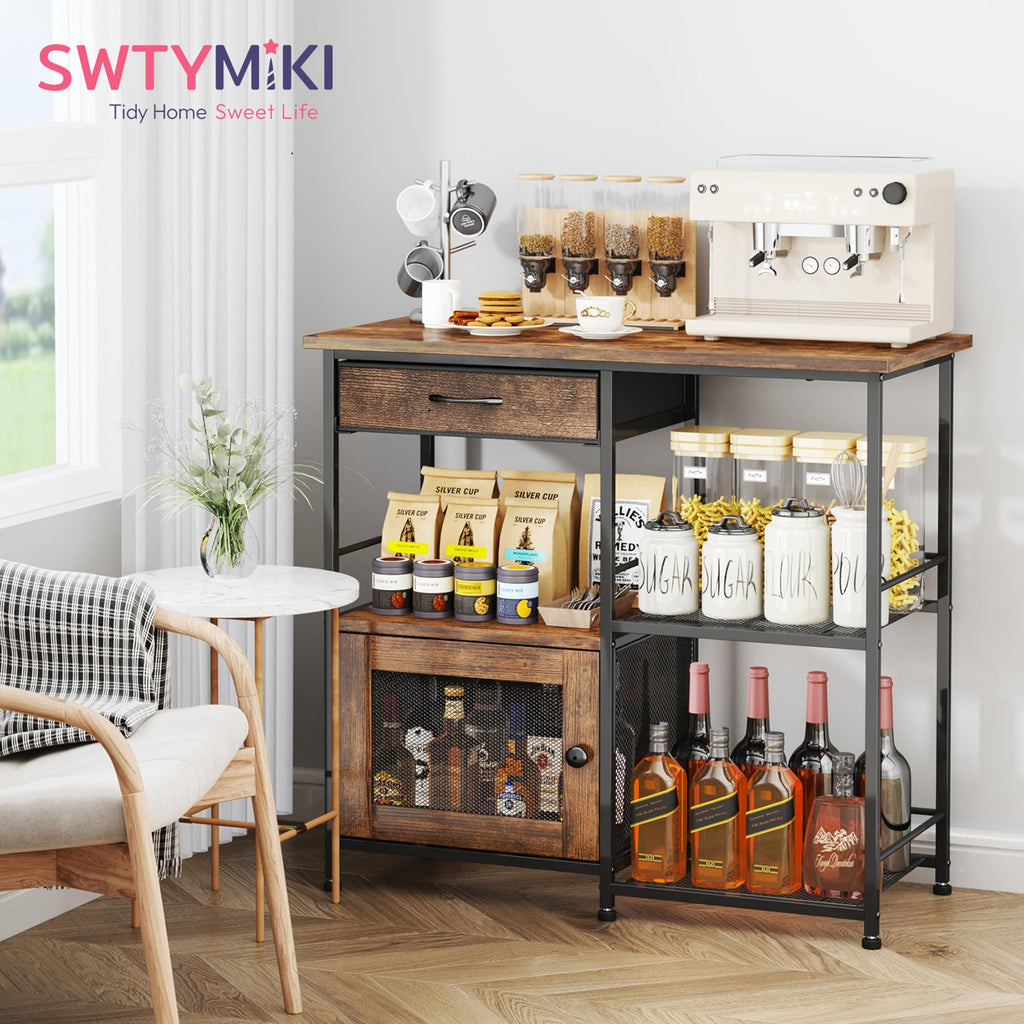 SWTYMIKI Coffee Bar Cabinet for Home - Farmhouse Coffee Stand Station Multi-Purpose Buffet Sideboard Cabinet with Drawers - Kitchen Bar Table for Living Room, Corner, Small Space, Espresso