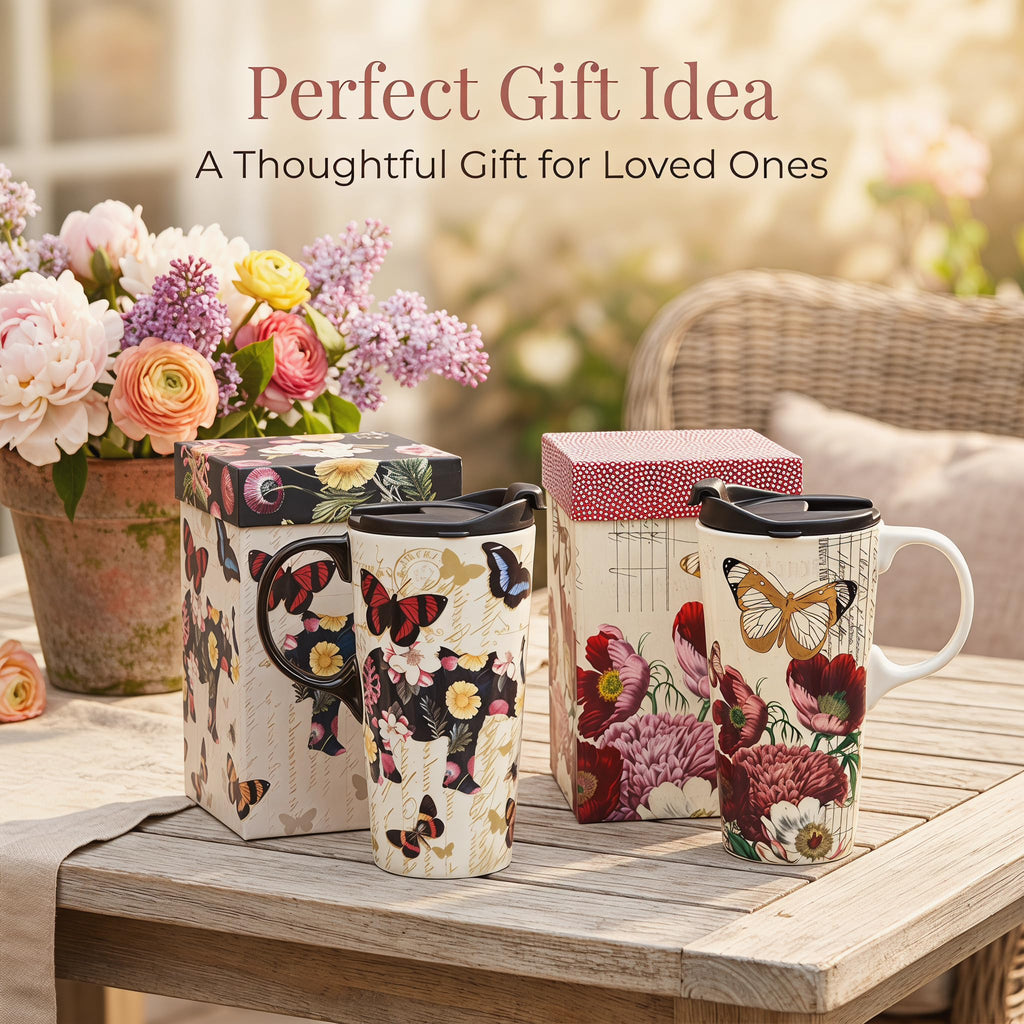 Topadorn 17oz Ceramic Travel Mug with Lid, Tall Ceramic Coffee Mug with Handle, Purple Floral Coffee Cup with Gift Box