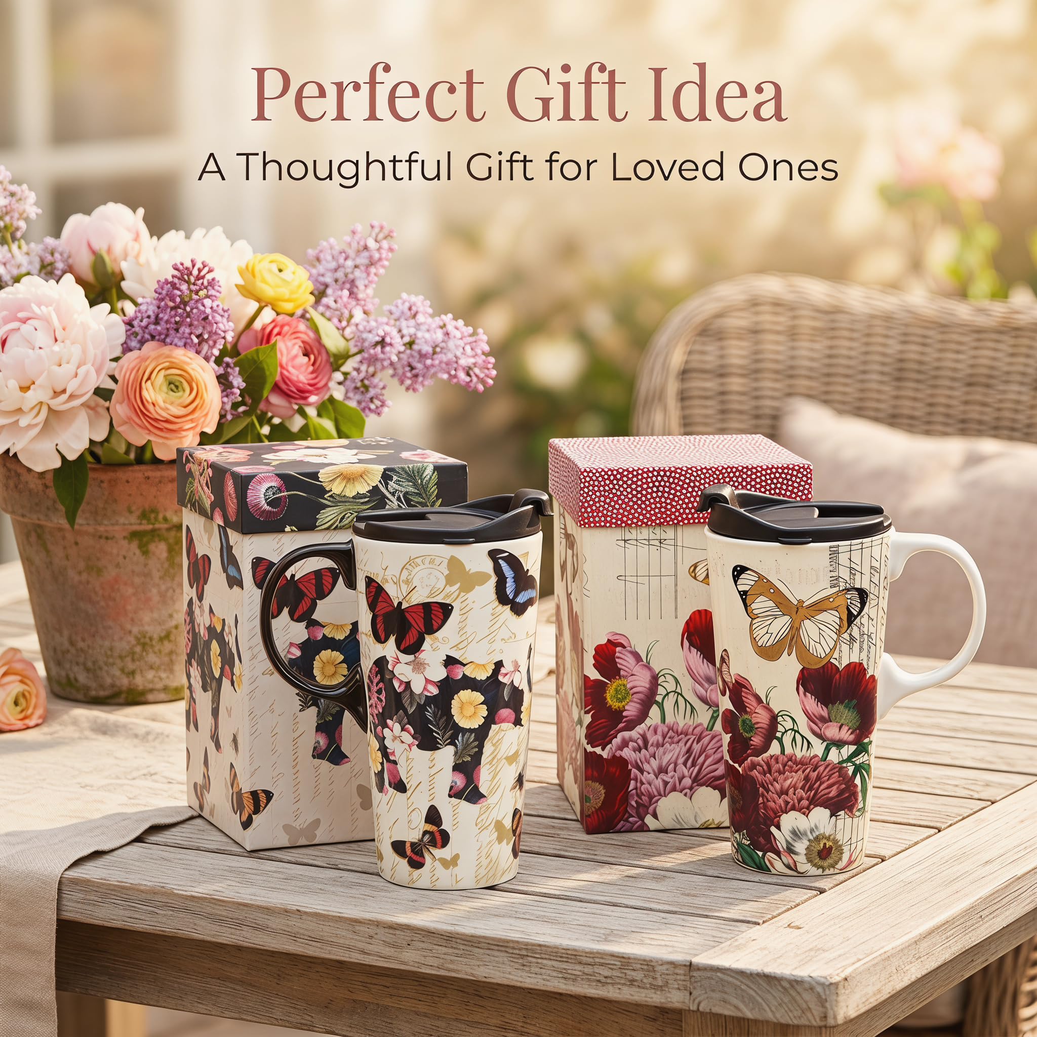 Topadorn 17oz Ceramic Travel Mug with Lid, Tall Ceramic Coffee Mug with Handle, Purple Floral Coffee Cup with Gift Box