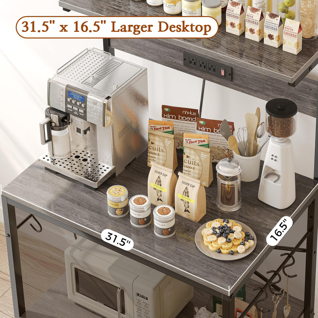 SUPERJARE Kitchen Bakers Rack with Power Outlet, Coffee Bar Table 4 Tiers, Kitchen Microwave Stand with 6 S-shaped Hooks, Storage Shelf Rack for Spices, Pots and Pans - Rustic Brown