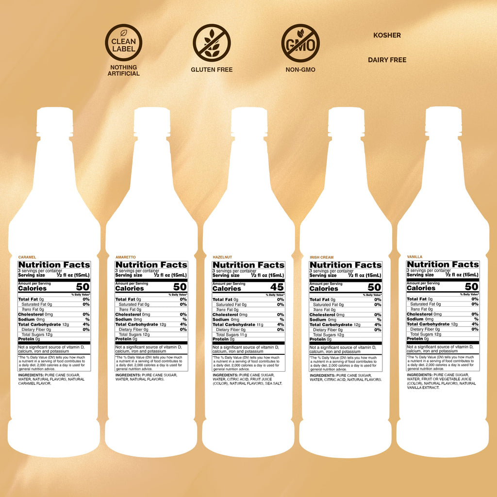 Monin - Gourmet Flavorings Coffee Collection (Caramel, Amaretto, Hazelnut, Irish Cream, Vanilla) | Clean Label, No Artificial Flavors, No Artificial Preservatives (5-pack, 50 ml each)