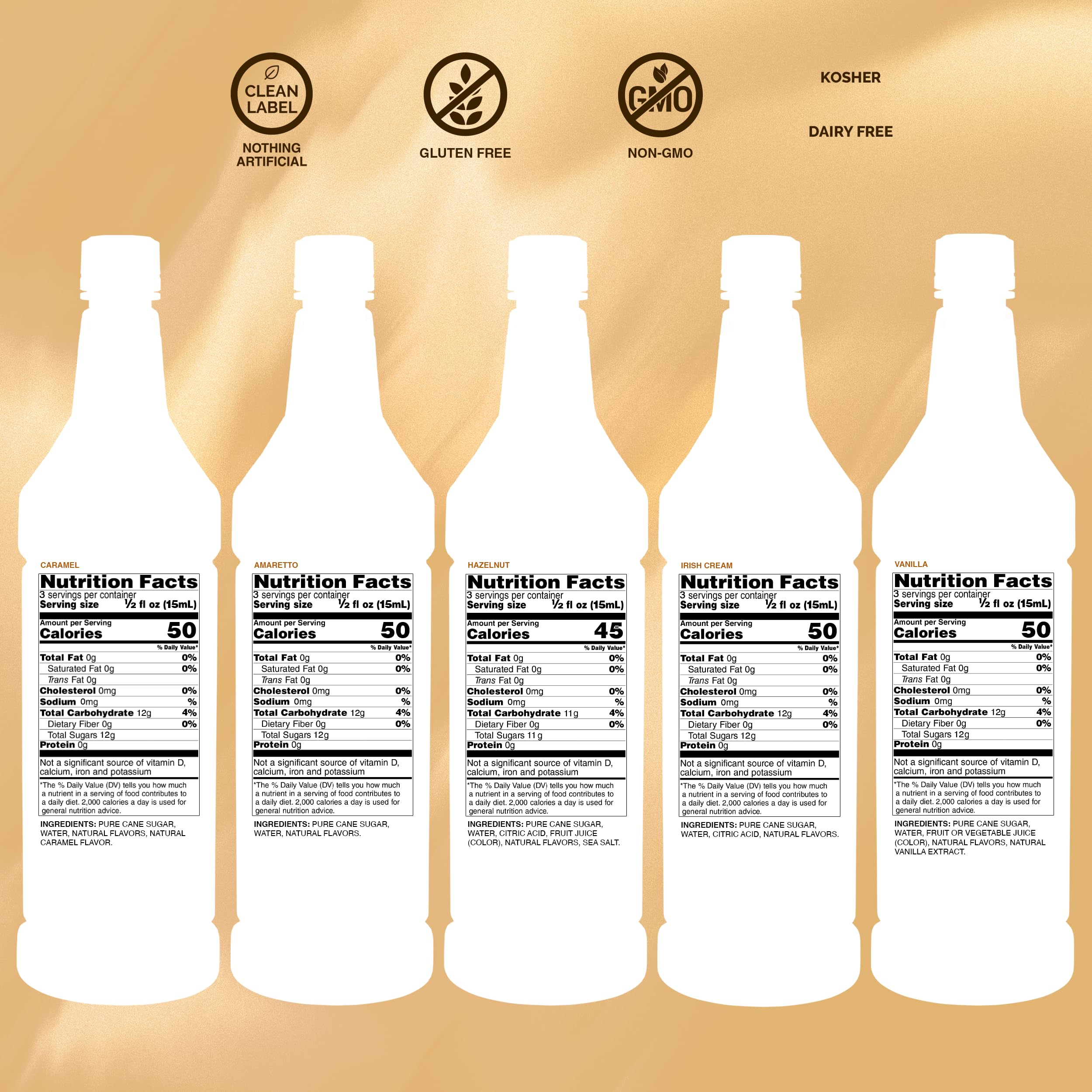 Monin - Gourmet Flavorings Coffee Collection (Caramel, Amaretto, Hazelnut, Irish Cream, Vanilla) | Clean Label, No Artificial Flavors, No Artificial Preservatives (5-pack, 50 ml each)
