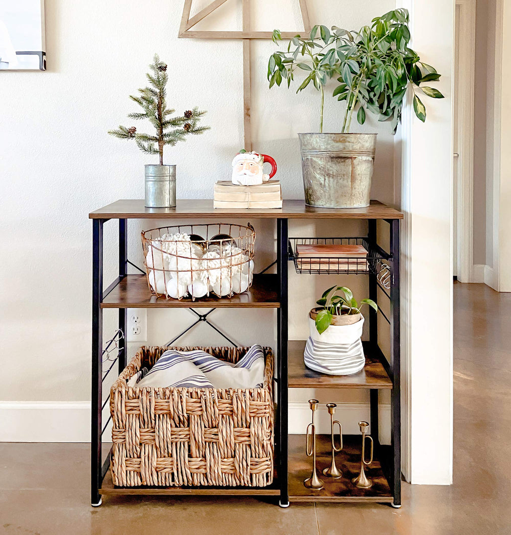 VASAGLE Baker's Rack, Coffee Bar Stand with Charging Station, 35.6 Inches Tall, Storage Shelves, Pull-Out Wire Basket, Table for Microwave, Kitchen, Rustic Brown and Ink Black UKKS036K01