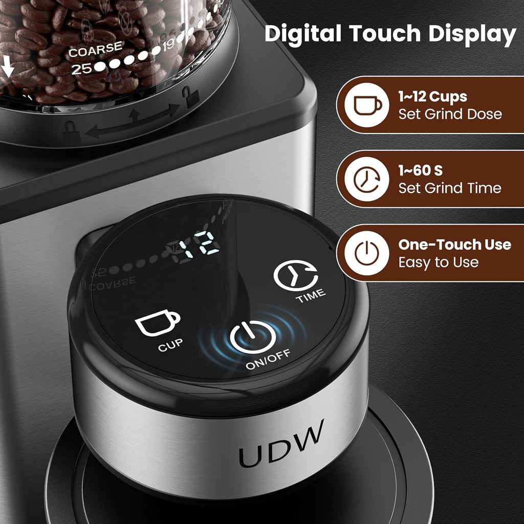 Home Coffee Grinder, Conical Burr Grinder with 25 Settings, 60-Second Timer, Stainless Steel, Anti-Slip Base, Anti-Static, Easy to Clean