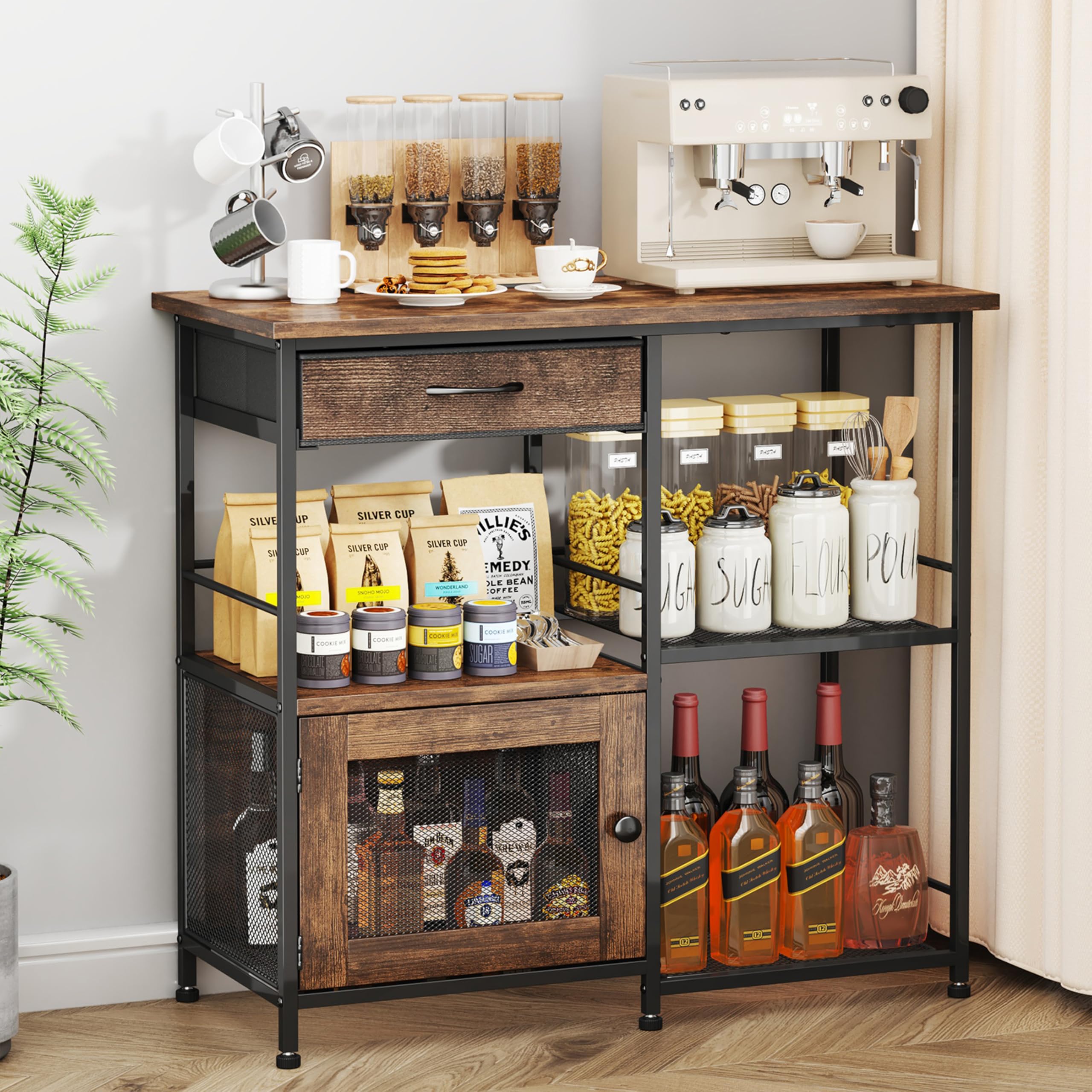 SWTYMIKI Coffee Bar Cabinet for Home - Farmhouse Coffee Stand Station Multi-Purpose Buffet Sideboard Cabinet with Drawers - Kitchen Bar Table for Living Room, Corner, Small Space, Espresso