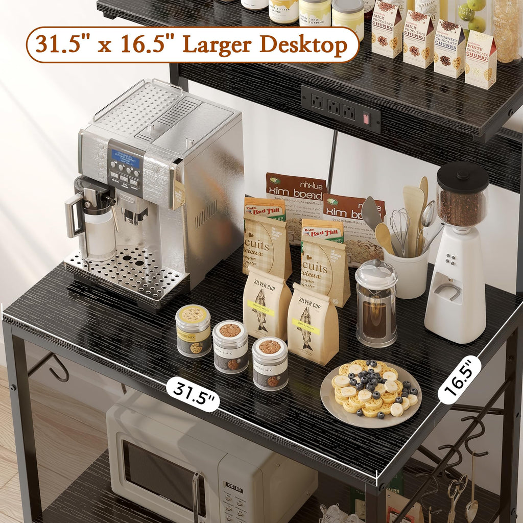 SUPERJARE Kitchen Bakers Rack with Power Outlet, Coffee Bar Table 4 Tiers, Kitchen Microwave Stand with 6 S-shaped Hooks, Storage Shelf Rack for Spices, Pots and Pans - Rustic Brown