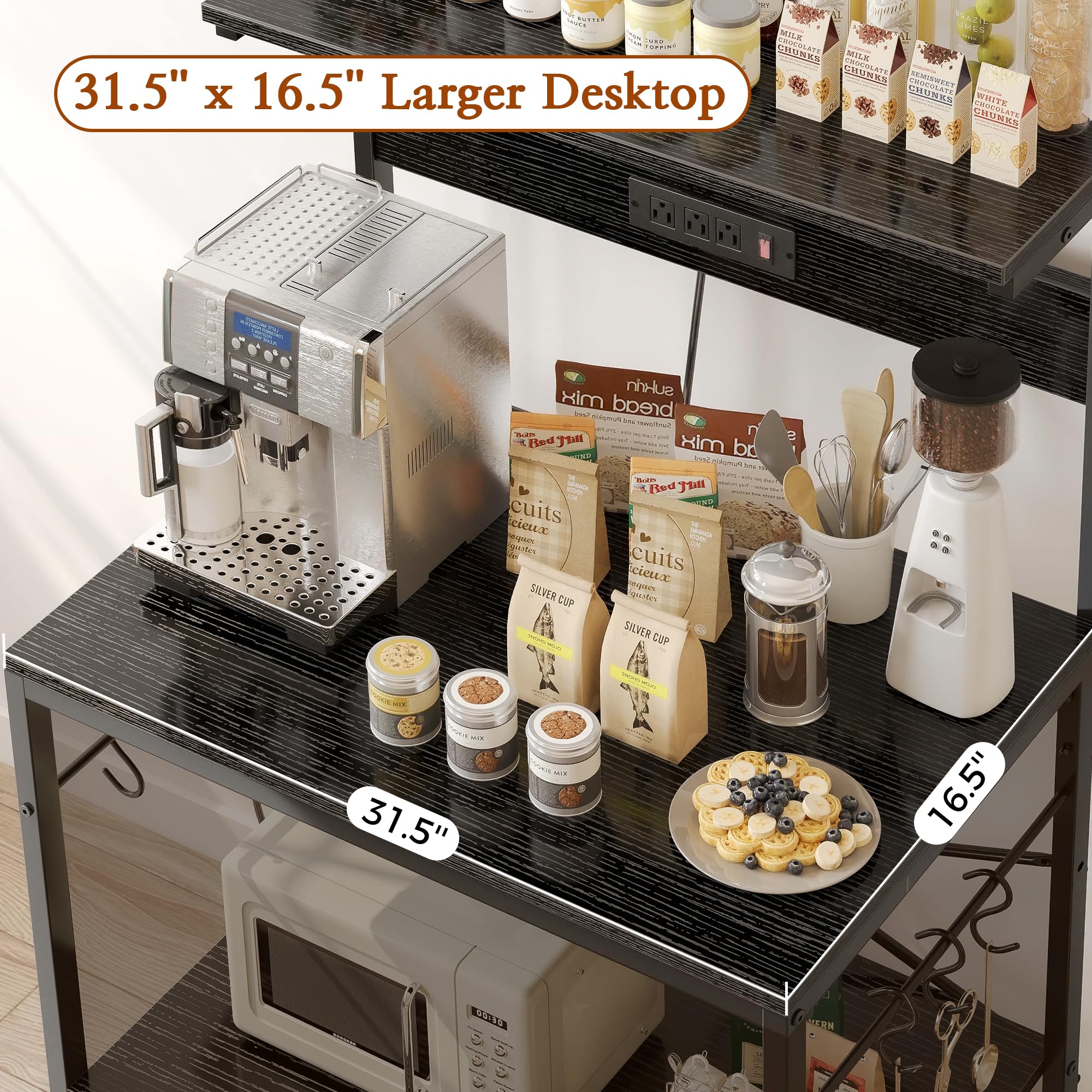 SUPERJARE Kitchen Bakers Rack with Power Outlet, Coffee Bar Table 4 Tiers, Kitchen Microwave Stand with 6 S-shaped Hooks, Storage Shelf Rack for Spices, Pots and Pans - Rustic Brown
